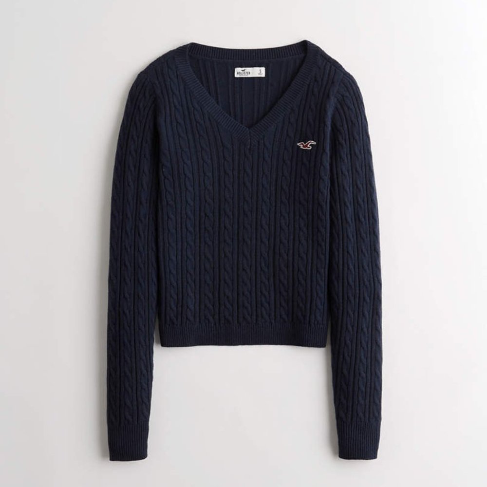 Hollister Navy V-Neck Cable Sweater S